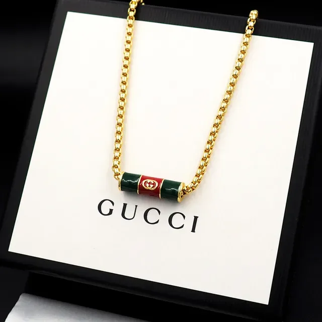 Gucci गोल्ड ग्रीन कर्ब चेन इनेमल सिलेंडर पेंडेंट नेकलेस 5
