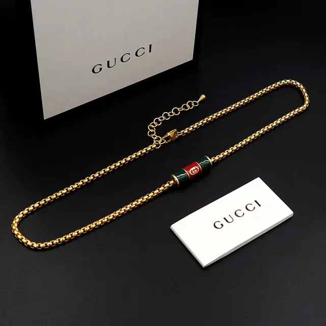 Gucci गोल्ड ग्रीन कर्ब चेन इनेमल सिलेंडर पेंडेंट नेकलेस 6