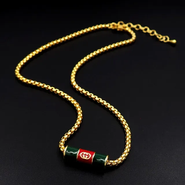 Gucci गोल्ड ग्रीन कर्ब चेन इनेमल सिलेंडर पेंडेंट नेकलेस 8