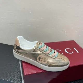 Gucci Gold Multicolor Metallic Leather Interlocking G Patch Lifestyle Sneakers
