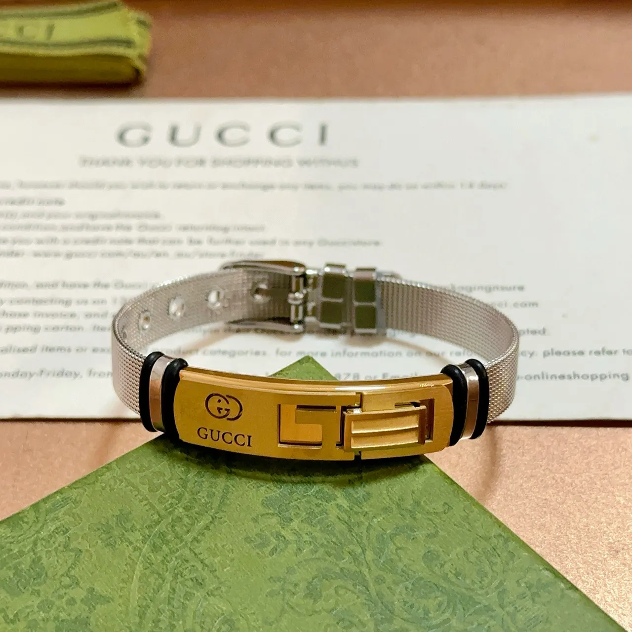 Gucci Gold-Tone Clasp Silver Mesh Bracelet 9