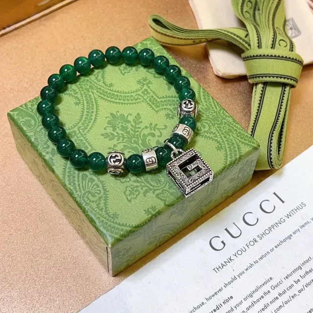 Gucci Green Silver Beaded Agate-Style Bracelet 2