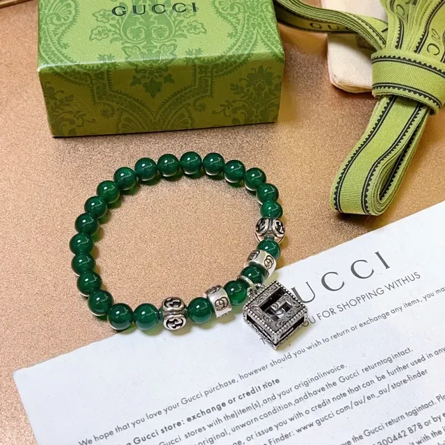 Gucci Green Silver Beaded Agate-Style Bracelet 3