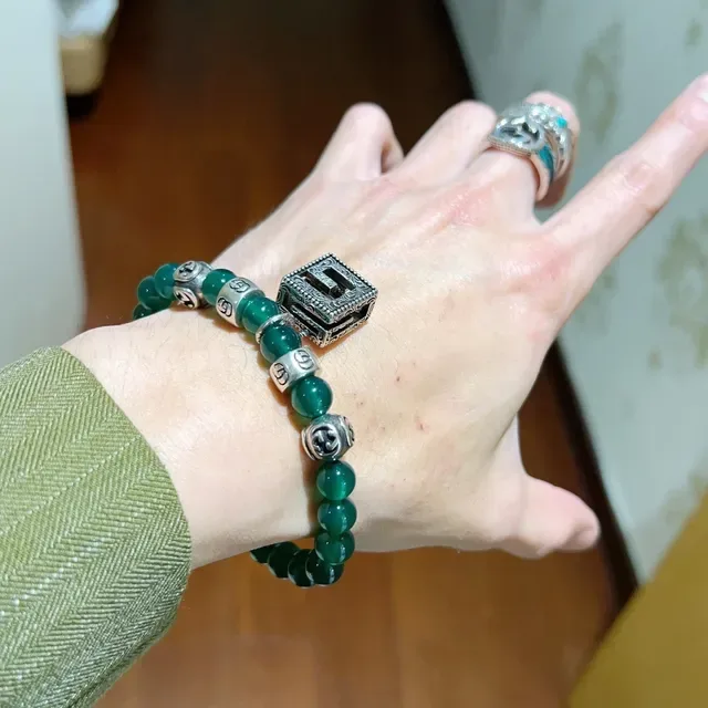 Gucci Green Silver Beaded Agate-Style Bracelet 4