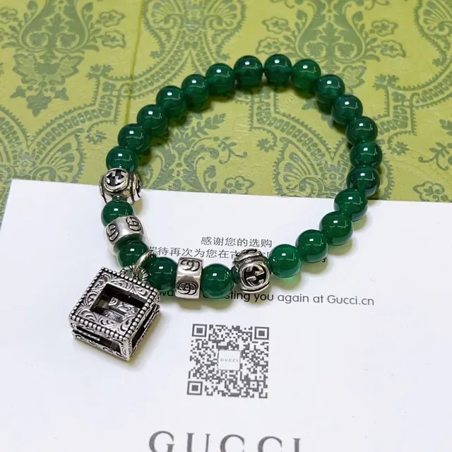 Gucci Green Silver Beaded Agate-Style Bracelet 5