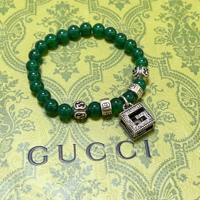 Gucci Green Silver Beaded Agate-Style Bracelet 6