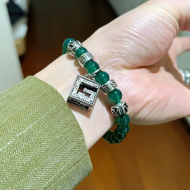 Gucci Green Silver Beaded Agate-Style Bracelet 7
