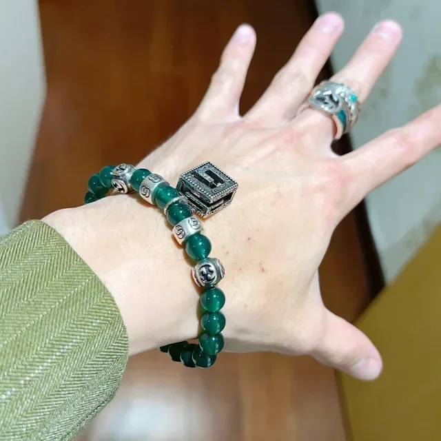 Gucci Green Silver Beaded Agate-Style Bracelet 8