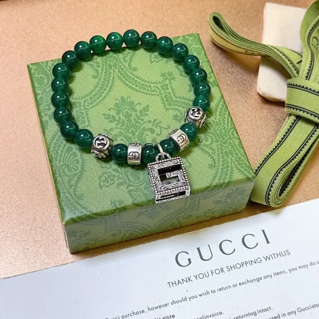 Gucci Green Silver Beaded Agate-Style Bracelet 9