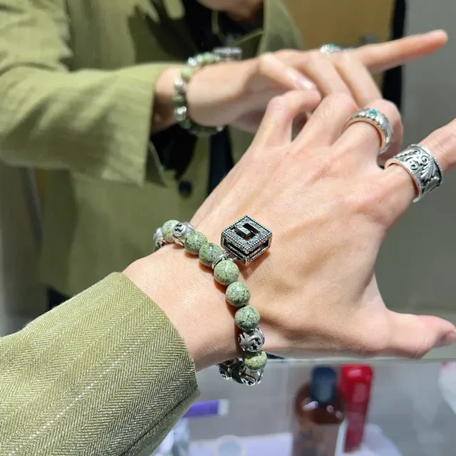 Gucci Green Silver Beaded GG Monogram Charms Bracelet 3