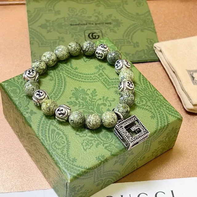 Gucci Green Silver Beaded GG Monogram Charms Bracelet 4