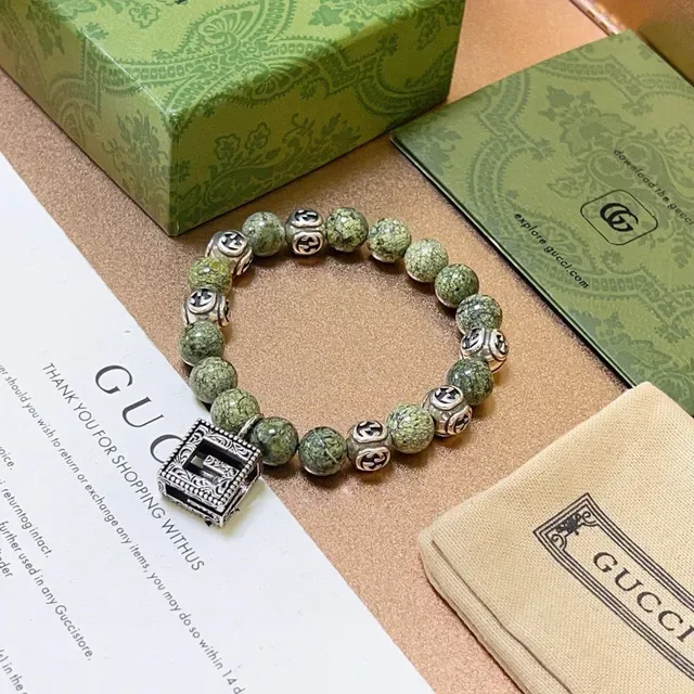 Gucci Green Silver Beaded GG Monogram Charms Bracelet 7
