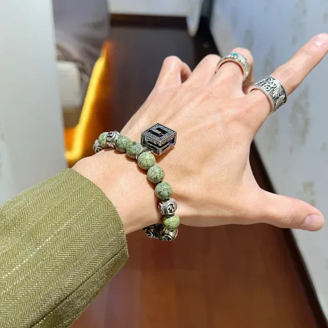 Gucci Green Silver Beaded GG Monogram Charms Bracelet 8