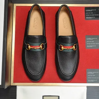 Gucci Horsebit 1955 Black Pebbled Leather Web Stripe Loafers