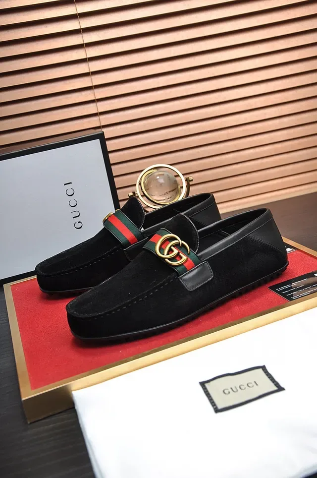 Gucci Horsebit 1955 Black Suede Web Strap Loafer 7
