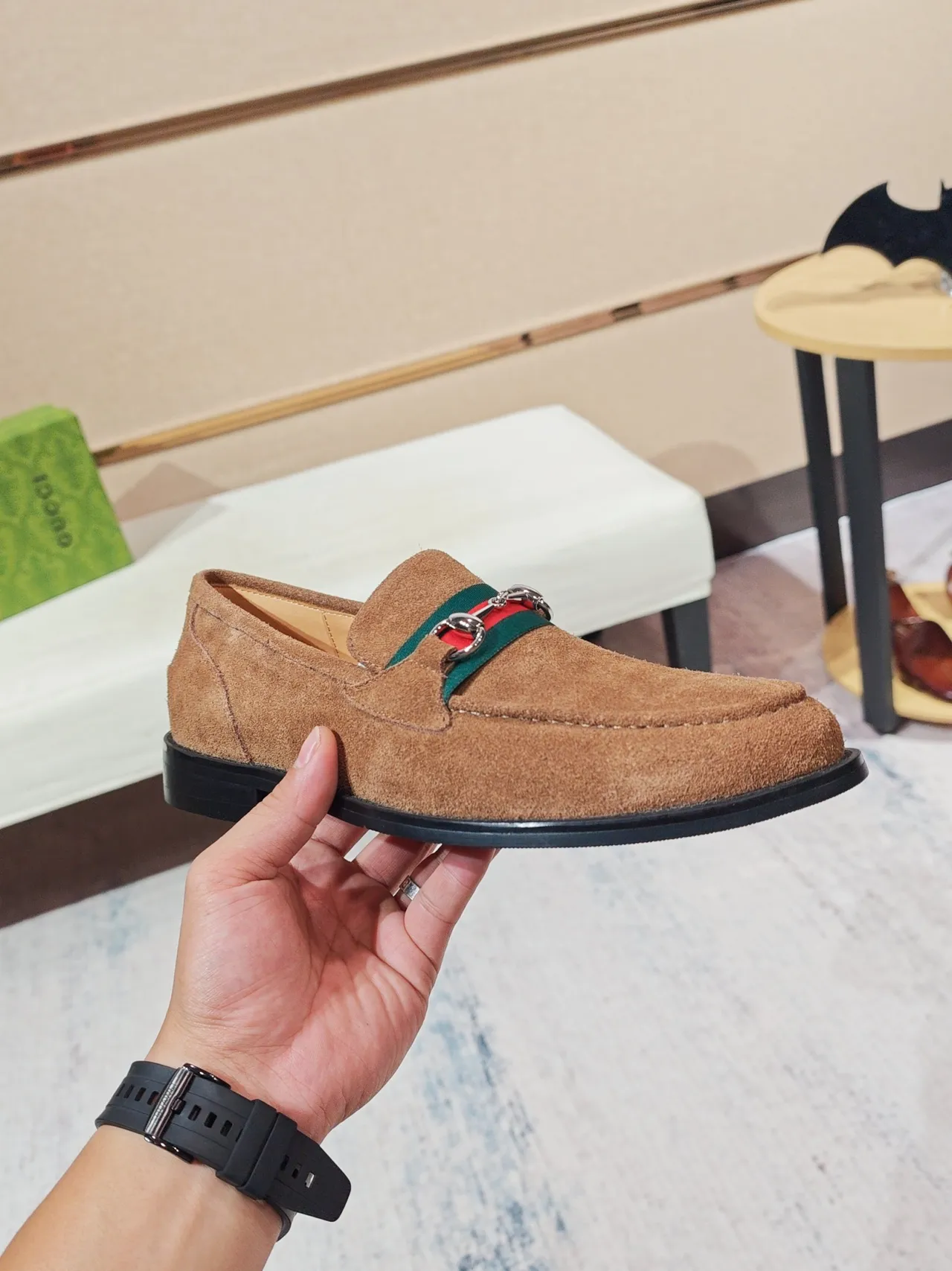Gucci Horsebit 1955 Brown Green Suede Upper Web Stripe Accent Loafer 4