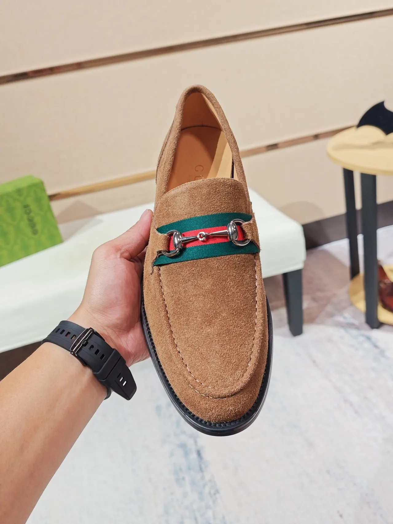 Gucci Horsebit 1955 Brown Green Suede Upper Web Stripe Accent Loafer 5