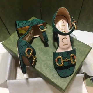 Gucci Horsebit 1955 Green Gold GG Monogram Canvas Buckle Block Heel