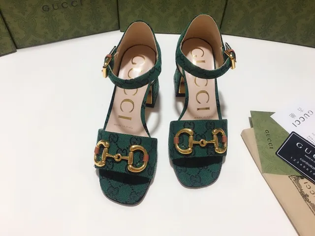 Gucci Horsebit 1955 Green Gold GG Monogram Canvas Buckle Block Heel 2