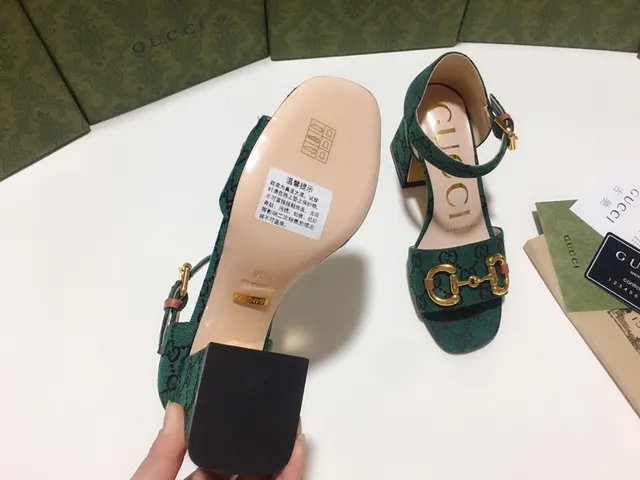 Gucci Horsebit 1955 Green Gold GG Monogram Canvas Buckle Block Heel 4