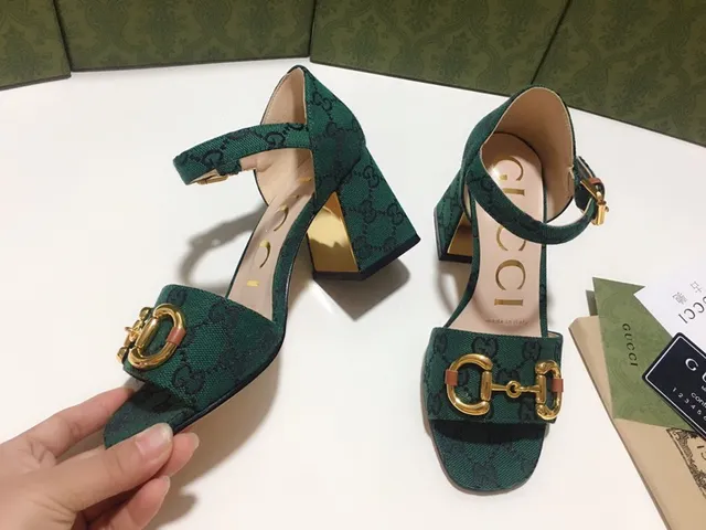 Gucci Horsebit 1955 Green Gold GG Monogram Canvas Buckle Block Heel 5