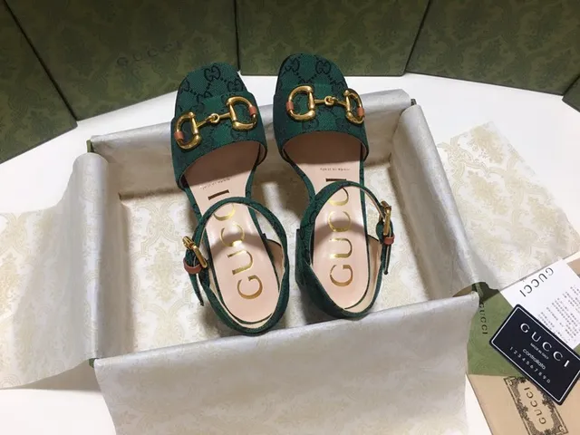 Gucci Horsebit 1955 Green Gold GG Monogram Canvas Buckle Block Heel 6