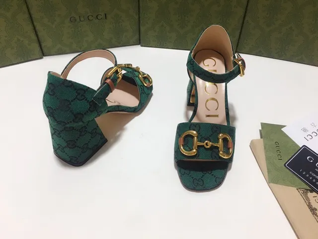 Gucci Horsebit 1955 Green Gold GG Monogram Canvas Buckle Block Heel 7