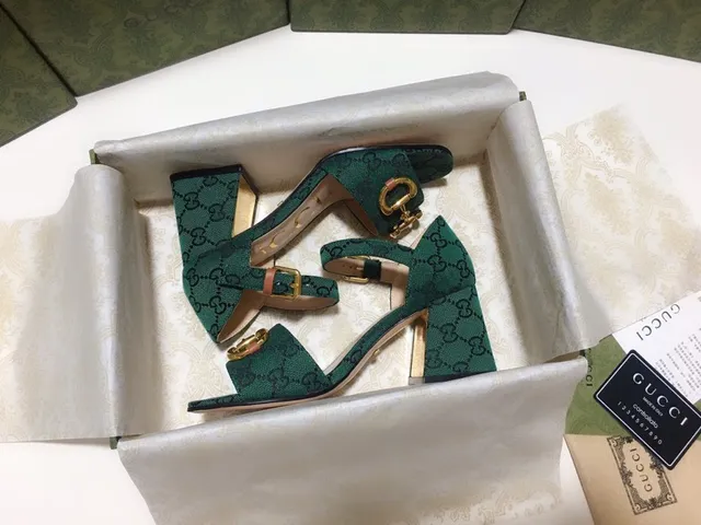 Gucci Horsebit 1955 Green Gold GG Monogram Canvas Buckle Block Heel 9