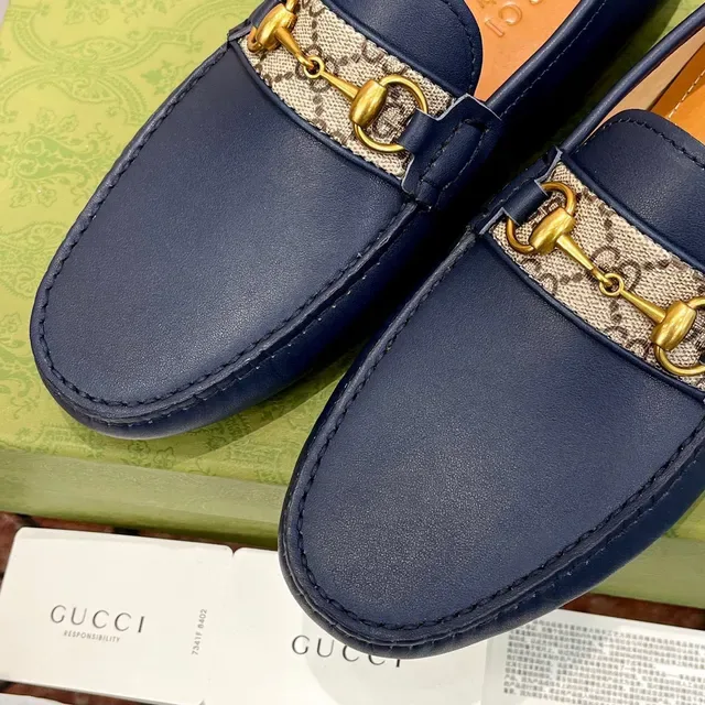 Gucci Horsebit 1955 Navy Blue Leather Loafers 7