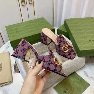 Gucci Horsebit 1955 Purple Gold GG Monogram Canvas Buckle Casual Sandals