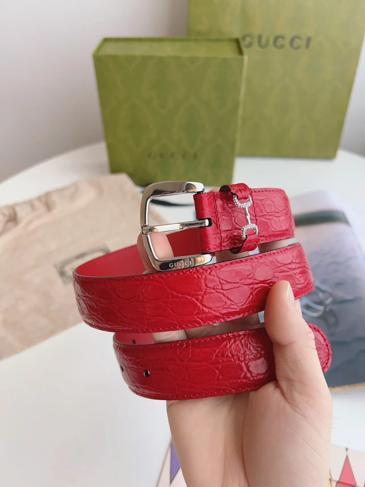 Gucci Horsebit 1955 Red Croc-Embossed Leather Belt 3