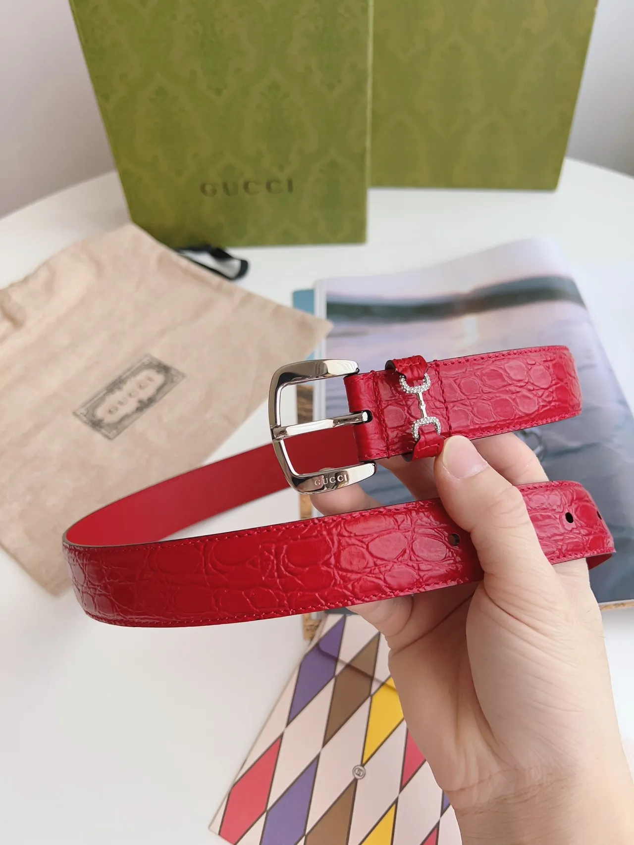 Gucci Horsebit 1955 Red Croc-Embossed Leather Belt 6