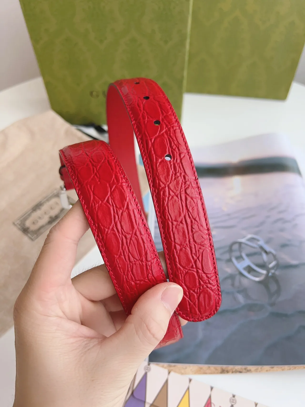 Gucci Horsebit 1955 Red Croc-Embossed Leather Belt 7