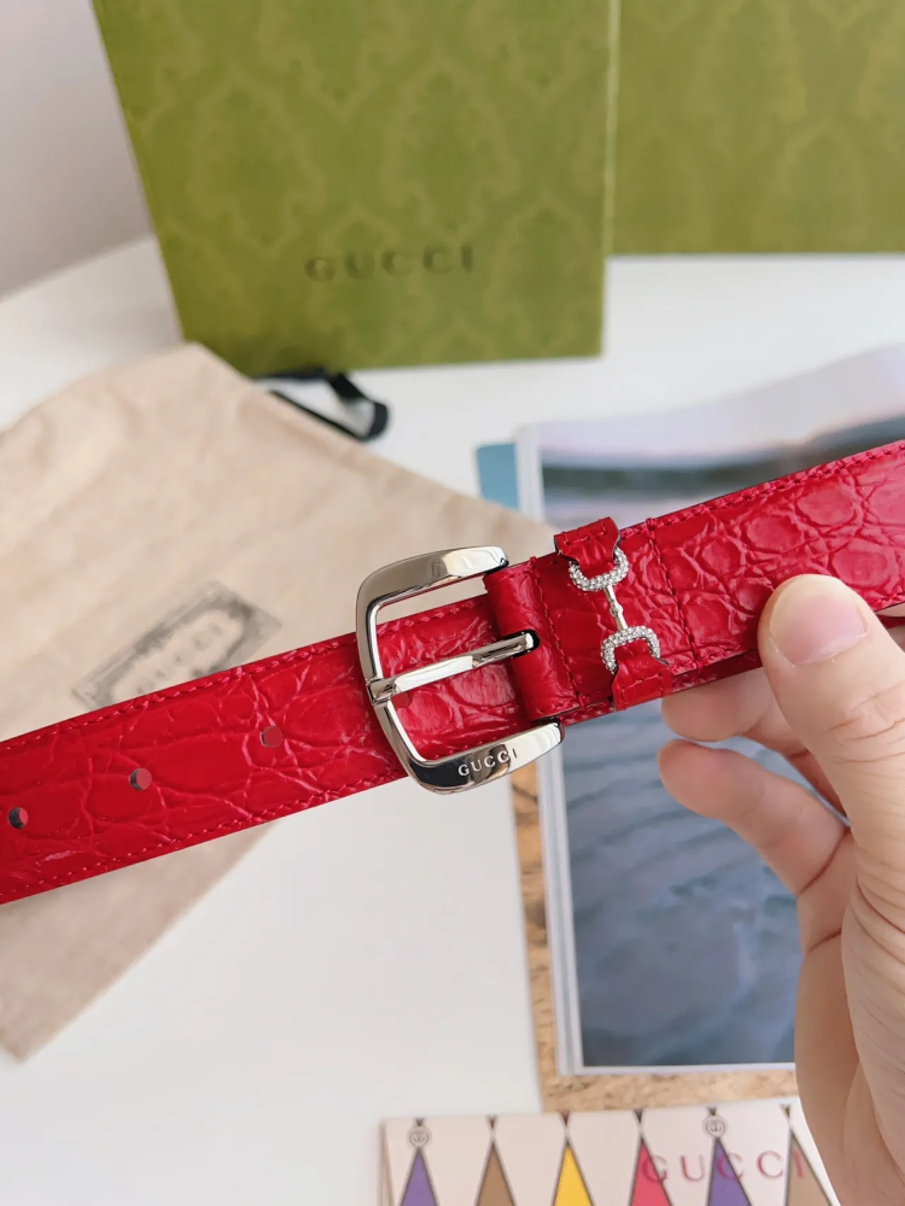 Gucci Horsebit 1955 Red Croc-Embossed Leather Belt 8