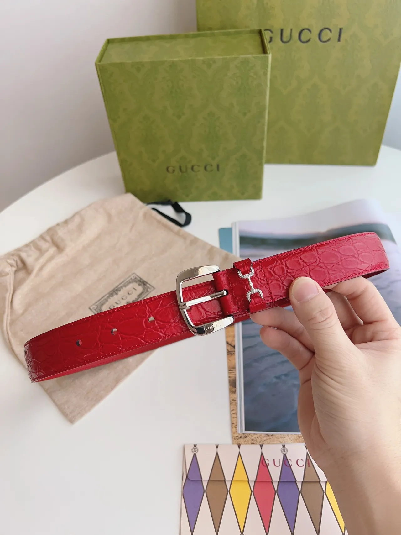 Gucci Horsebit 1955 Red Croc-Embossed Leather Belt 9