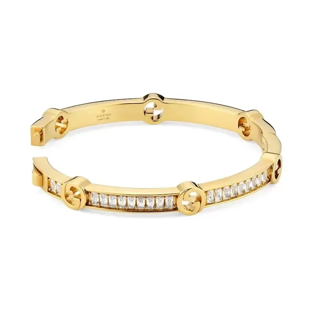 Bracelet Gucci Interlocking G Diamants Baguette Or Transparents Motifs Hinged 9