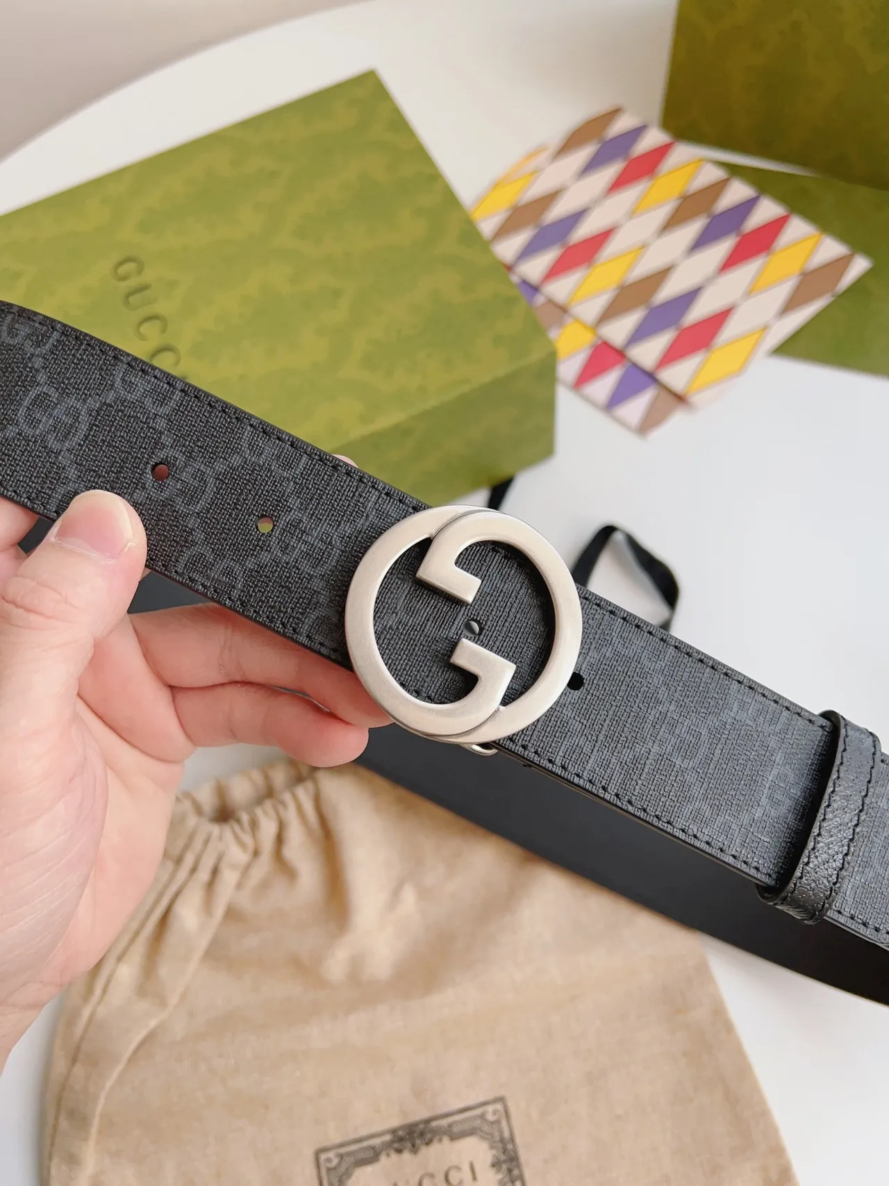 Gucci Interlocking G Belt Dark Gray GG Monogram Leather Belt 2