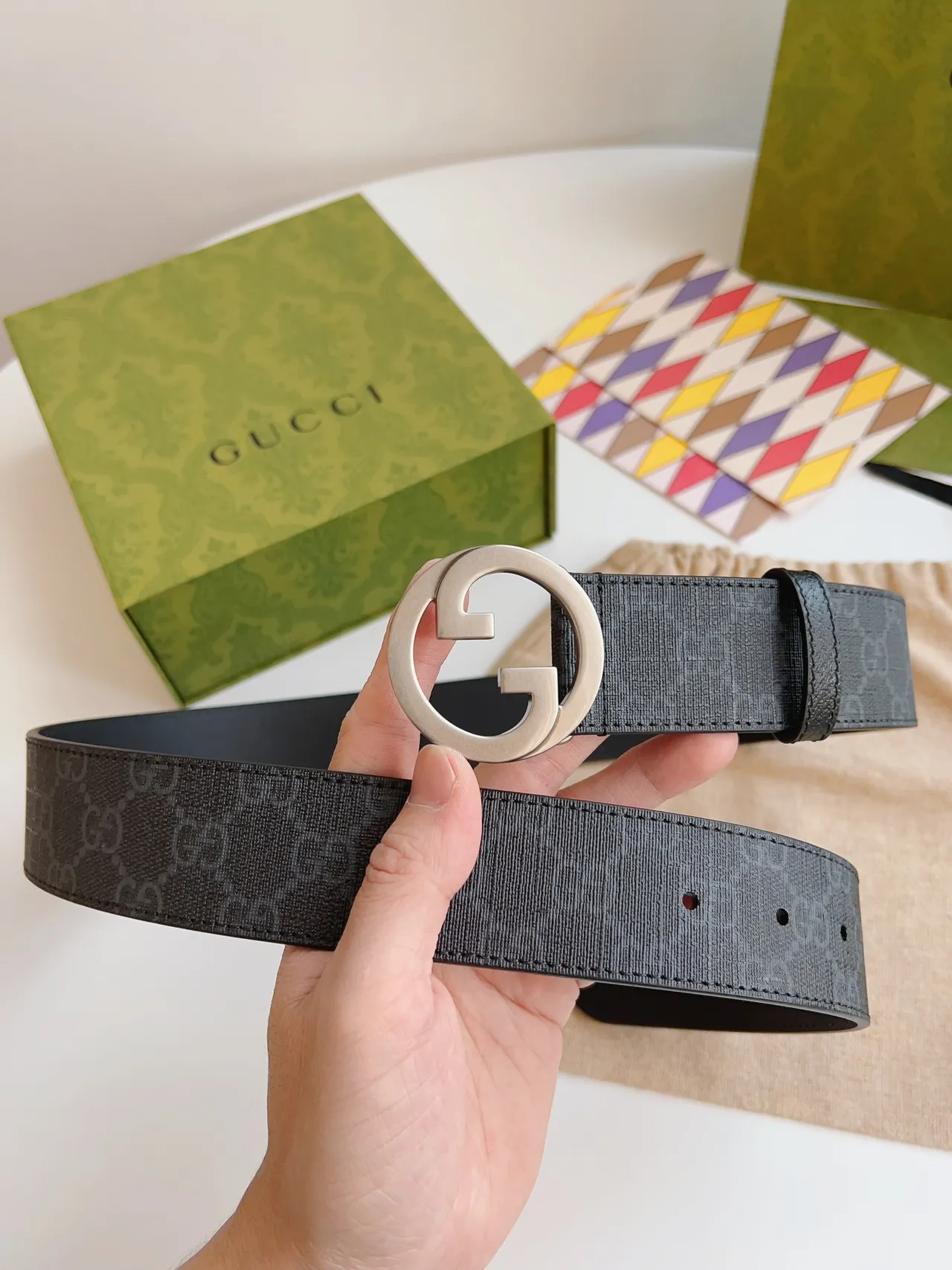 Gucci Interlocking G Belt Dark Gray GG Monogram Leather Belt 3