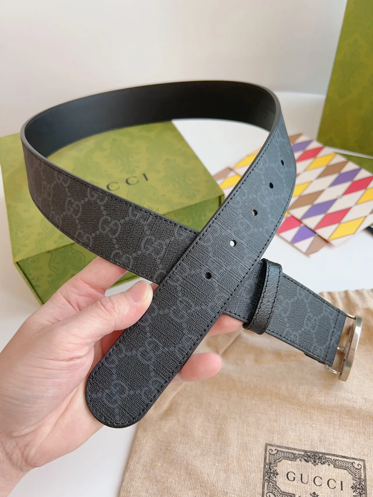Gucci Interlocking G Belt Dark Gray GG Monogram Leather Belt 4