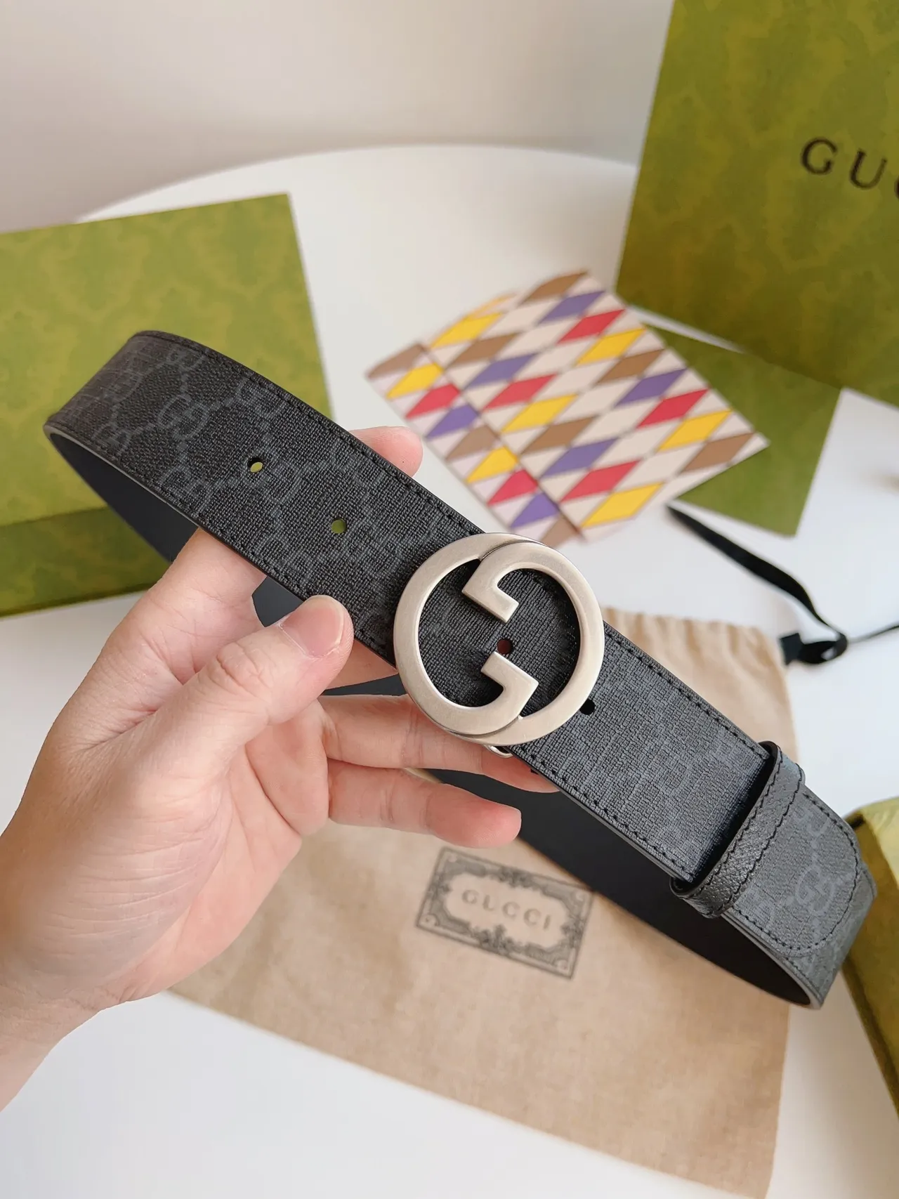 Gucci Interlocking G Belt Dark Gray GG Monogram Leather Belt 6