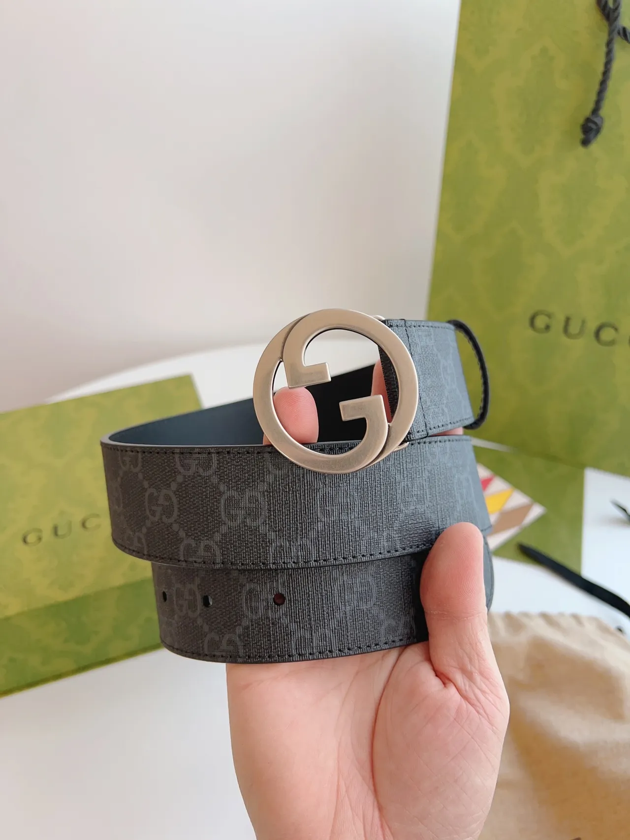 Gucci Interlocking G Belt Dark Gray GG Monogram Leather Belt 7