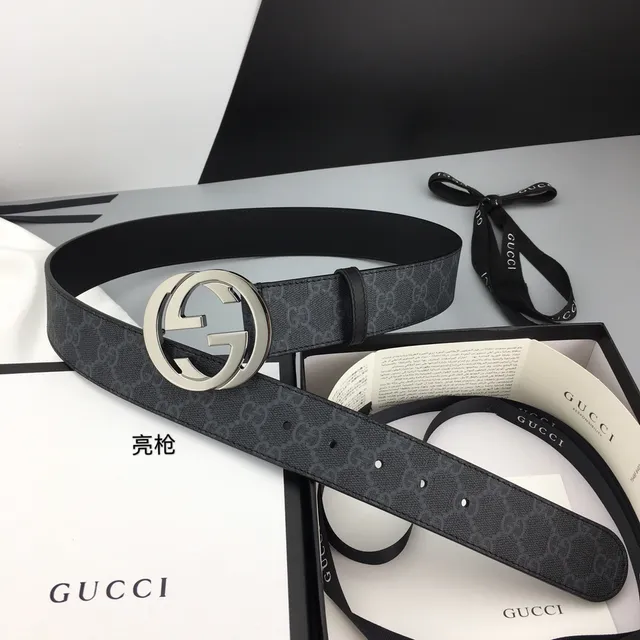 Gucci Interlocking G Belt Gray Black GG Monogram Leather Belt 2
