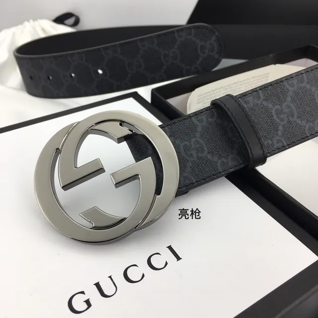Gucci Interlocking G Belt Gray Black GG Monogram Leather Belt 3