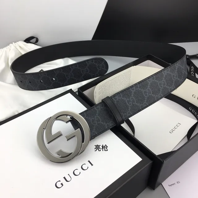 Gucci Interlocking G Belt Gray Black GG Monogram Leather Belt 4