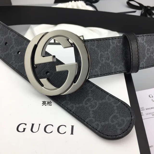 Gucci Interlocking G Belt Gray Black GG Monogram Leather Belt 5