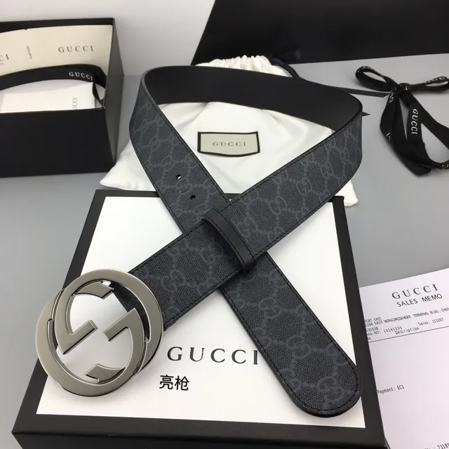 Gucci Interlocking G Belt Gray Black GG Monogram Leather Belt 6