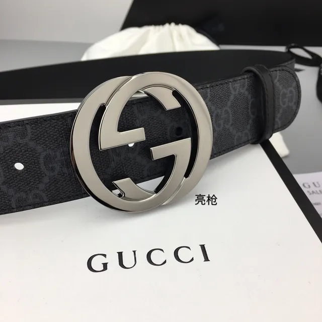 Gucci Interlocking G Belt Gray Black GG Monogram Leather Belt 9