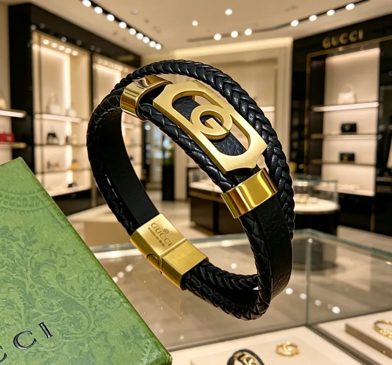 Gucci Interlocking G Braided Leather Gold-Tone Bracelet 2