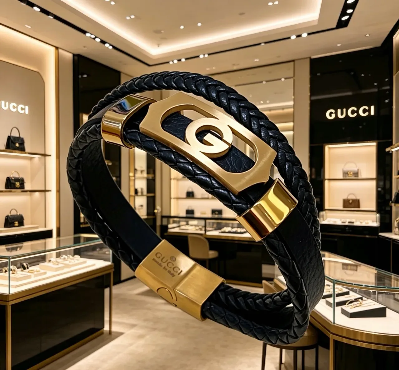 Gucci Interlocking G Braided Leather Gold-Tone Bracelet 7