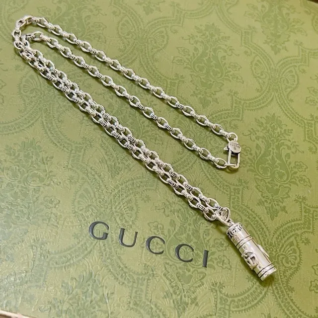 Gucci Interlocking G Cylindrical Pendant Silver Chain Necklace 4